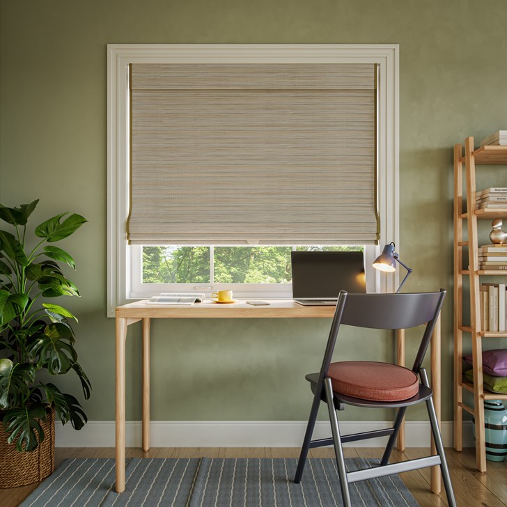 Color: Nicola Parchment 1762G2; Lift: Cordless; Blackout Liner: Soft White; Edge Binding: Camel