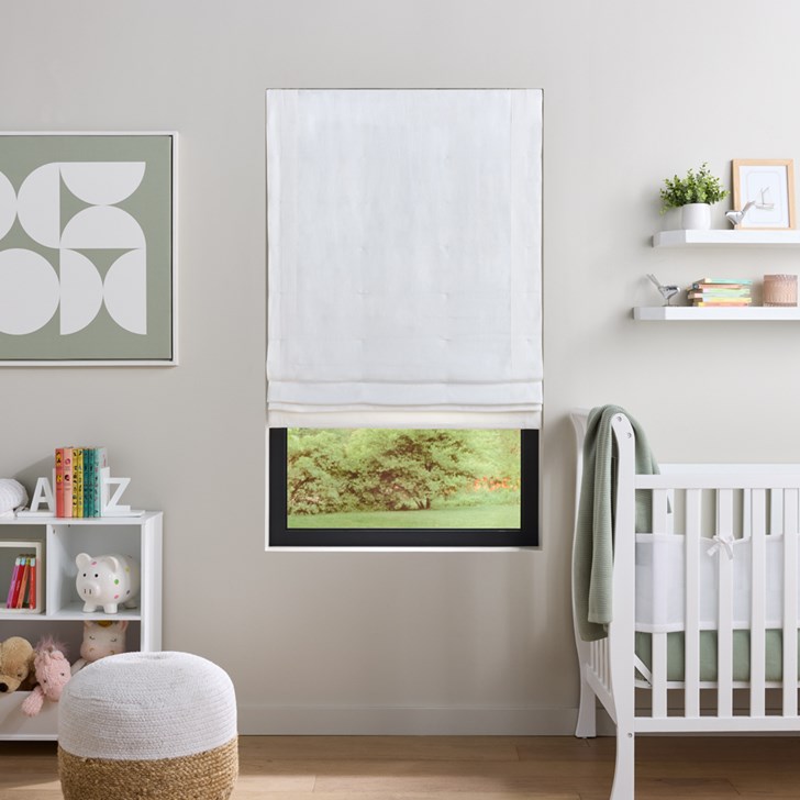 Color: Gent Bright White SW183; Opacity: Blackout; Liner: White; Fold Style: Standard Flat Fold Seamless; Banding: Magnolia; Lift: Cordless