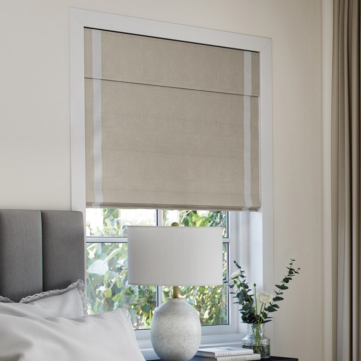 Color: Irish Linen Newcastle; Edge Binding: Cloud; Style: Flat Fold; Blackout Liner: White; Window Measurements: 50 In Wide x 85 3/4 In Tall