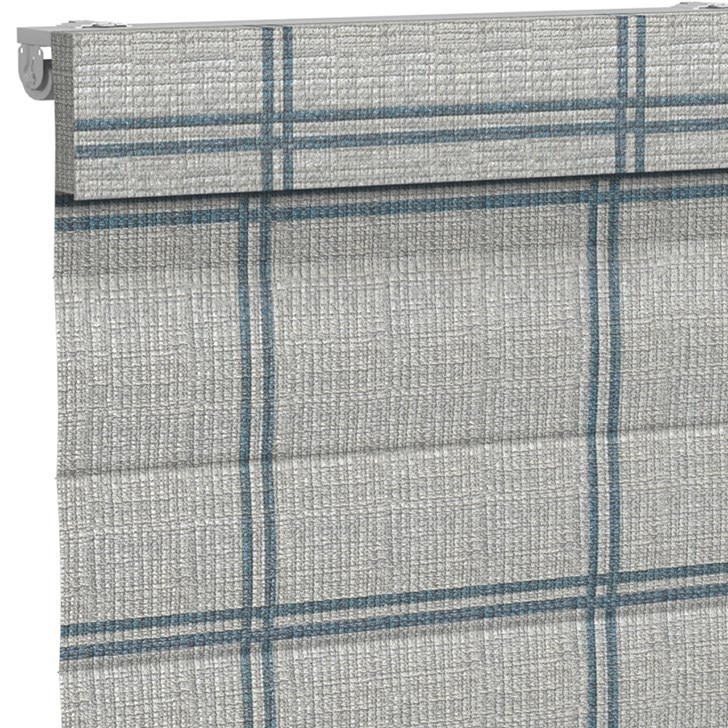 Color: Hartford Blue Basket; Lift: Cordless; Valance Style: Fabric; Shade Type: Plain Fold with Seams; Liner: Blackout in White