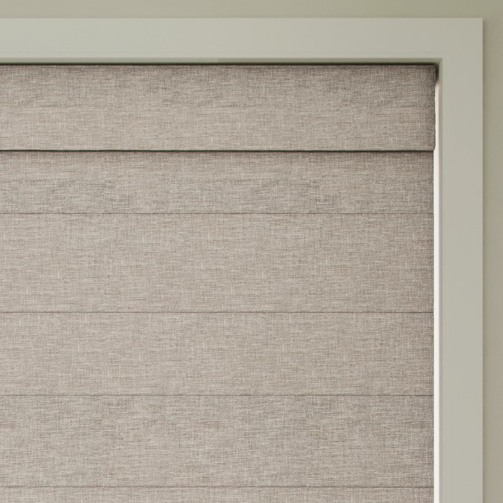 Color: Bellamy Candlelight; Fold Style: Flat Seamless; Liner: Blackout White; Headrail: 6 Inch Fabric Valance