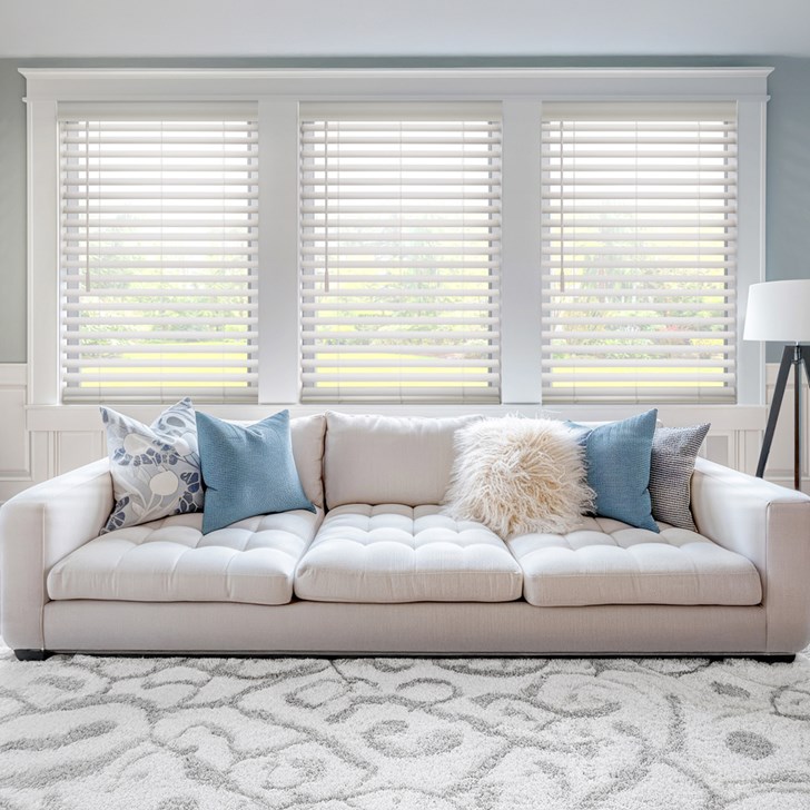 Color: Whitewash 6597; Slat Size: 2 Inch; Headrail: 3 1/4 Inch Designer Crown Valance