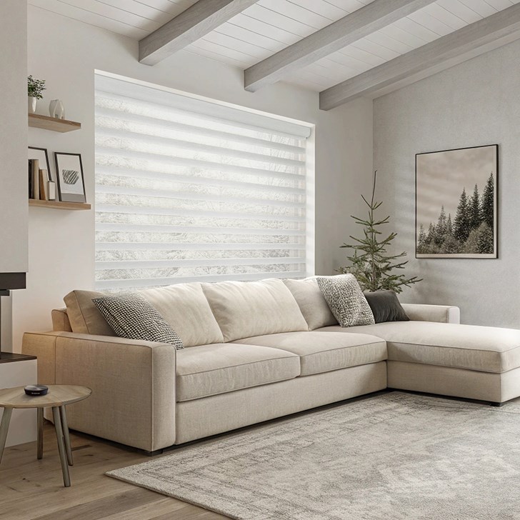 Color: White; Lift: Motorized; Opacity: Light Filtering