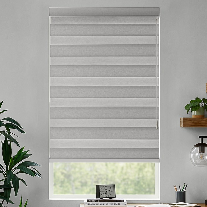 Color: Cloud; Lift: Motorized Wand; Light Control: Blackout; Headrail: Fabric Cassette Valance