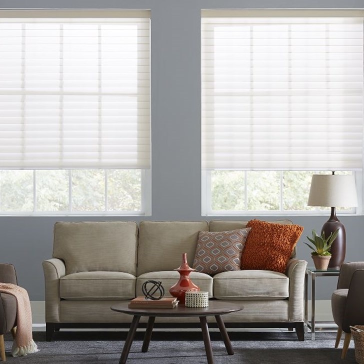 For a unique and beautiful window covering treatment, try our Radiance 3in Light Filtering Sheer shading. Color: Silken Birch