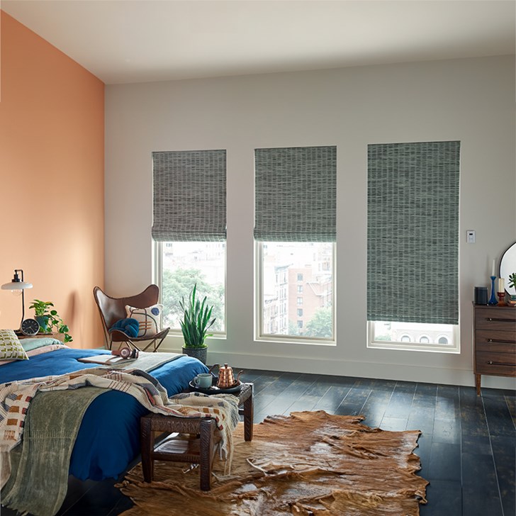 Old Style Roman Woven Wood Shades with Motorized Lift: Rugged Flax, Graphite Seaglass 73311 and Room-Darkening Liner: Seal 6012