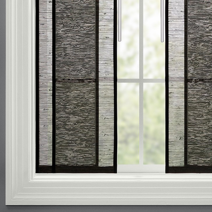 Color: San Lucas Flaxseed LIJU007; Operation: Wand Control; Split Stack; Edge Binding: Onyx 535; Headrail: 8 Inch Valance