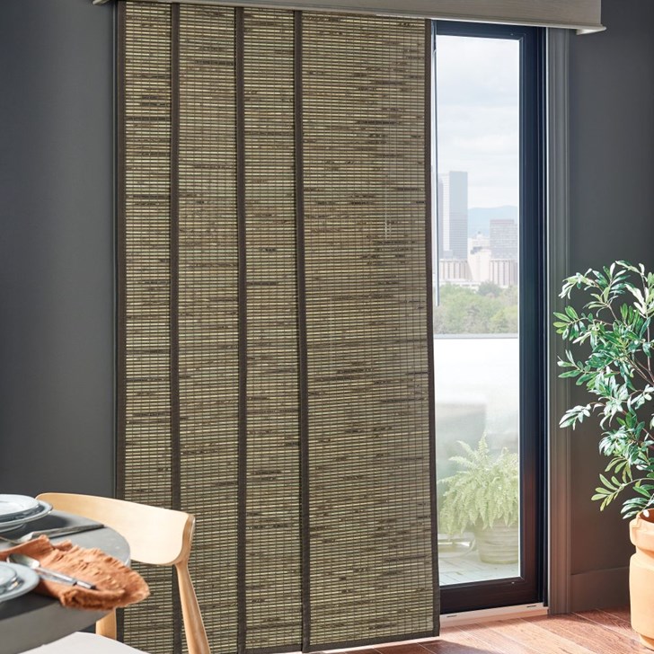 Bali Natural Shade Sliding Panel featuring Cabo Placid T0705, privacy liner, 1" edge banding: Chocolate 7006 and 7/2" Noble Cornice color: Smoked Oyster 1834.