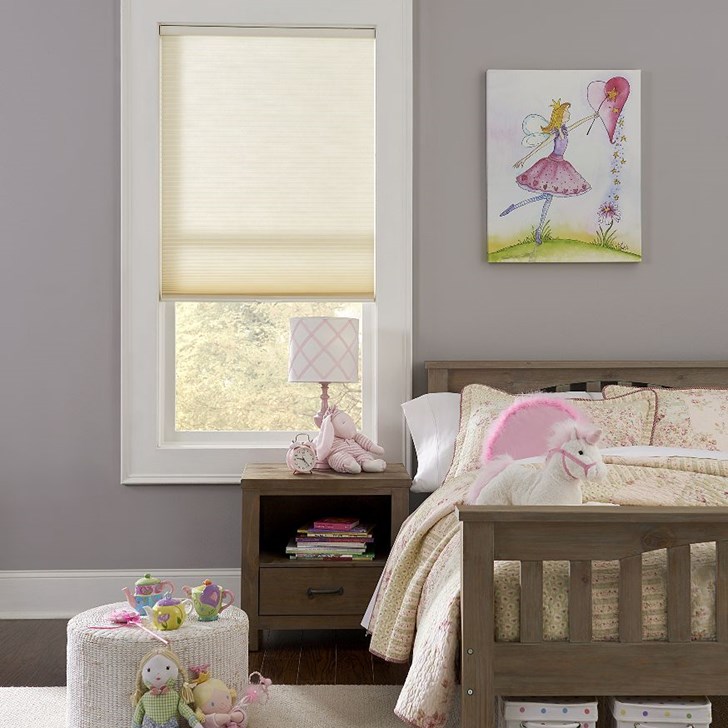 Choose the cordless lift option as a safer for kid's room window treatment. Color: Mellow Yellow DLF-810
