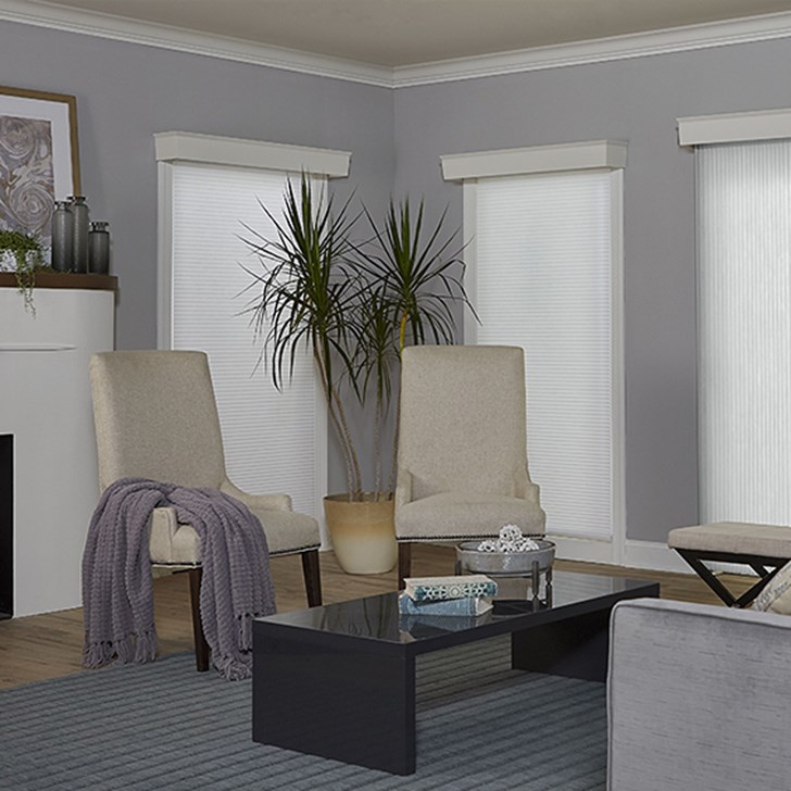 The Cellular Shade. Shade Color: White DLF812; Cornice: Davenport Cotton