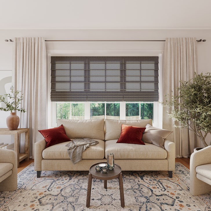 Color: Jasper Coal SW238; Light Filtering Liner: White; Mount: Inside; Fold Style: Hobbled; Lift: Cordless;