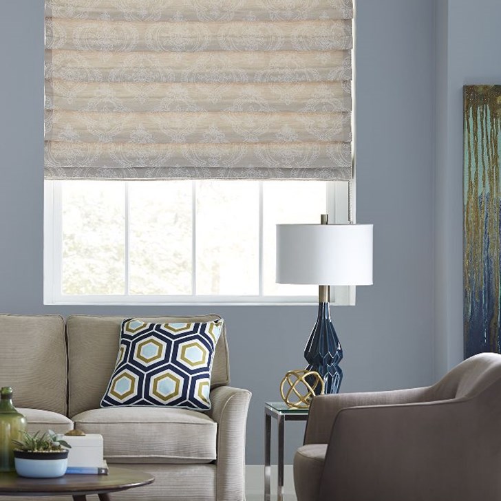 Our Premier Roman Shades shown in a Hobbled Fold in the pattern Vittoria Barley with a Continuous Cord Loop lift control.