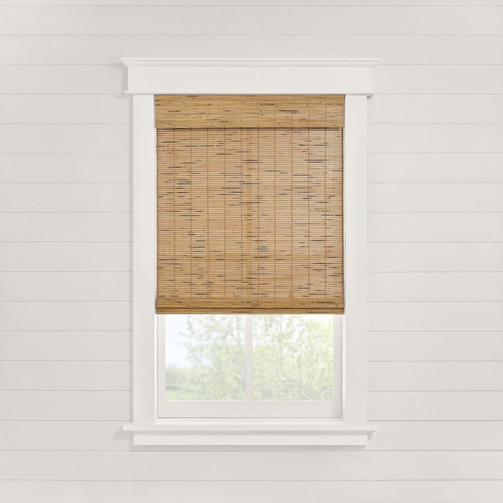 Motorized Woven Wood Shades in the Malibu Caramel color and inside mount.