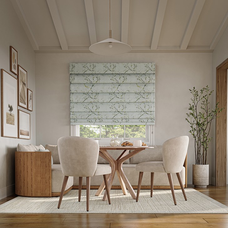 Color: Kyoto Pear Blossom SW246; Blackout Liner: White; Mount: Outside; Fold Style: Hobbled; Lift: Continuous Cord Loop; Headrail: Fabric Valance