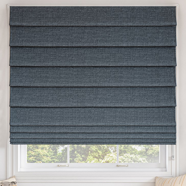 Color: Bellingham Night CM306; Blackout Liner: White; Mount: Outside; Fold Style: Hobbled; Lift: Continuous Cord Loop in the Stainless Steel color;