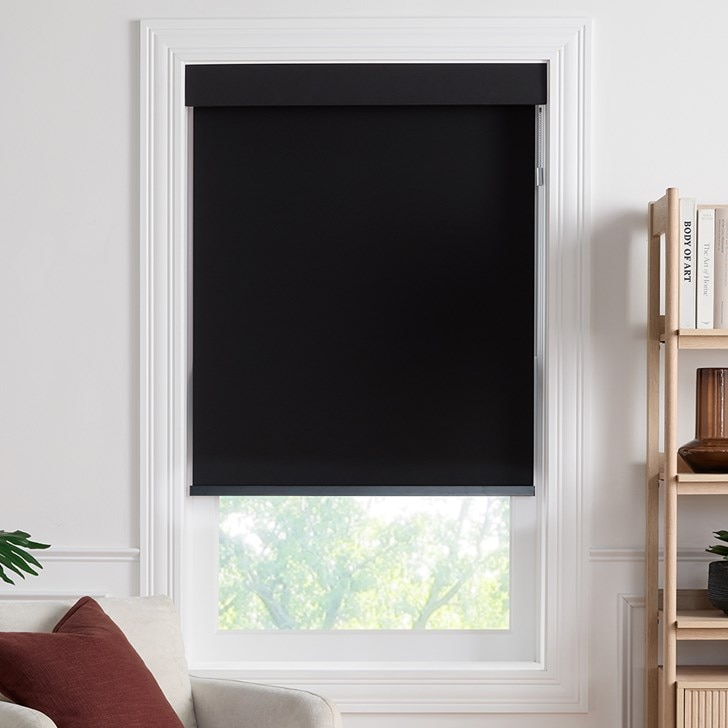 Color: Interlude Black 6320; Headrail: Fabric Wrapped 4 Inch Cornice; Bottom Rail: Square Hem Bar; Motorized Hub: Google