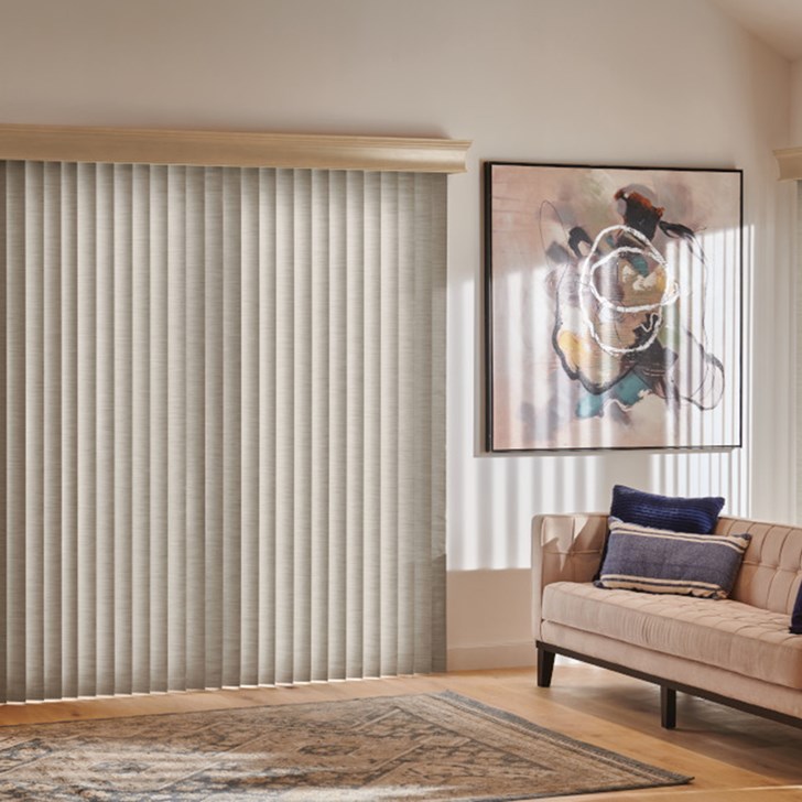 Vertical Blinds with Wand Control: Panorama, Vista 0071 and Regal Wood Cornice: True Taupe 1848