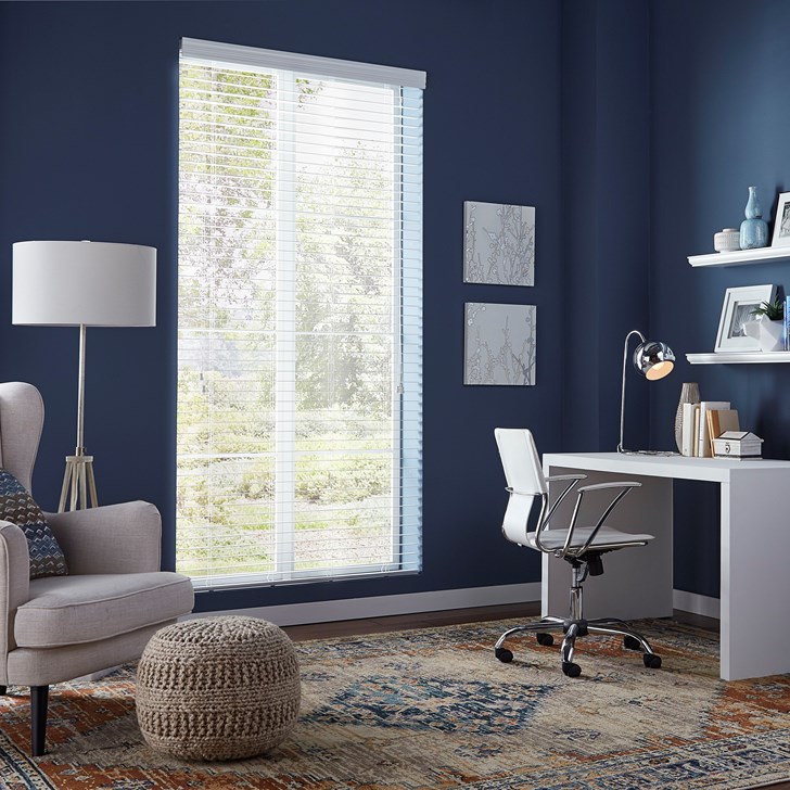 Inside mount wood blind with slats fully opened. Color: White 120