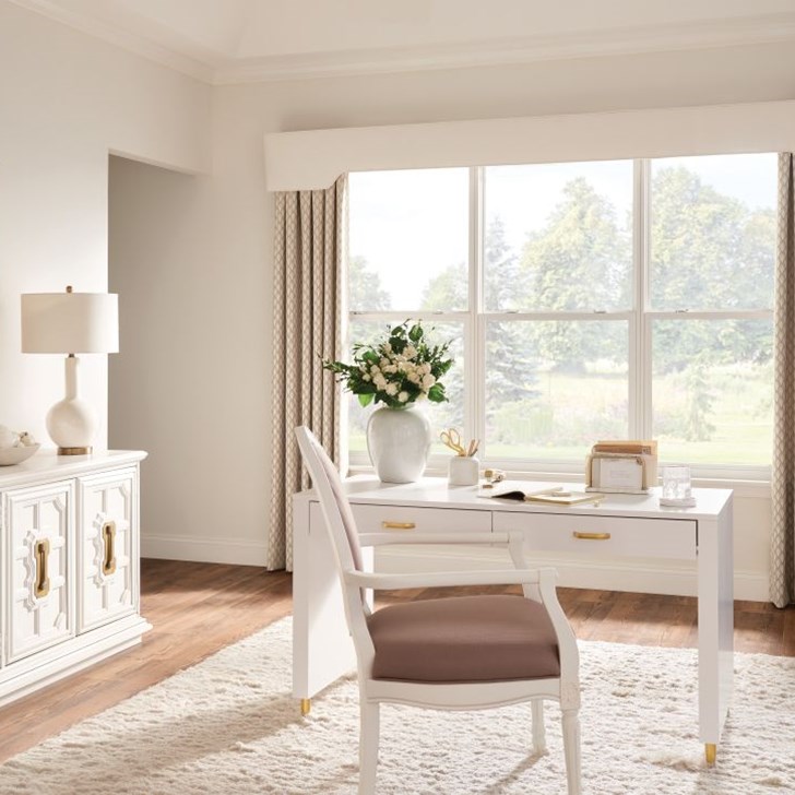 Drapes shown in Aperture Khaki Tan 8070 and featuring Fabric Cornice.