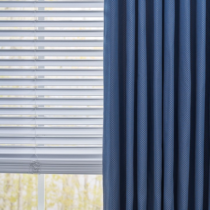 2 Inch Room Darkening Blinds paired with the Easy Grommet Drapery. Blind Color: Silver 50822D; Drapery Color: Hamburg Starry Sky 1023