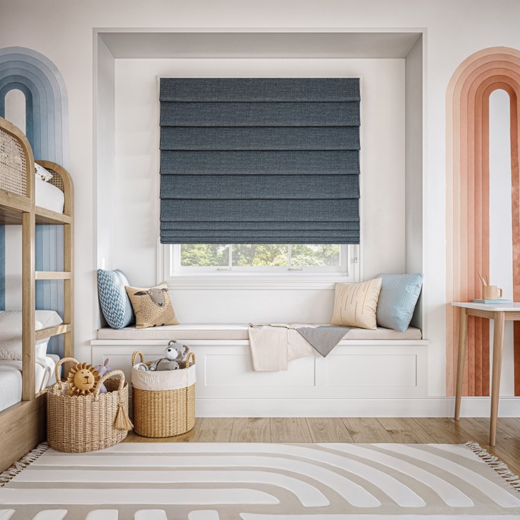 Color: Bellingham Night CM306; Blackout Liner: White; Mount: Outside; Fold Style: Hobbled; Lift: Continuous Cord Loop in the Stainless Steel color;