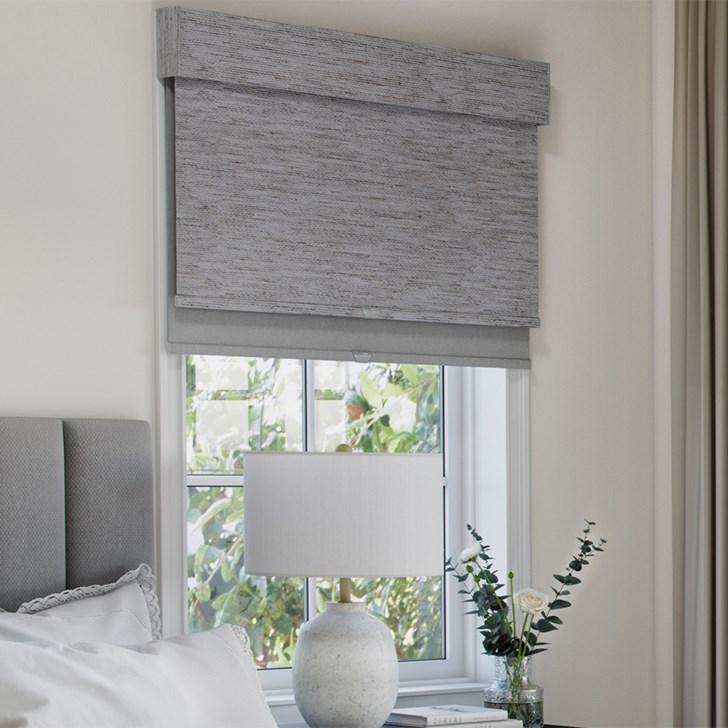 Color: Newport Natural; Dual Shade: Landera Snowflake; Bottomrail: Fabric Wrapped Hembar; Headrail: 7 Inch Fabric Wrapped Valance; Mount: Outside