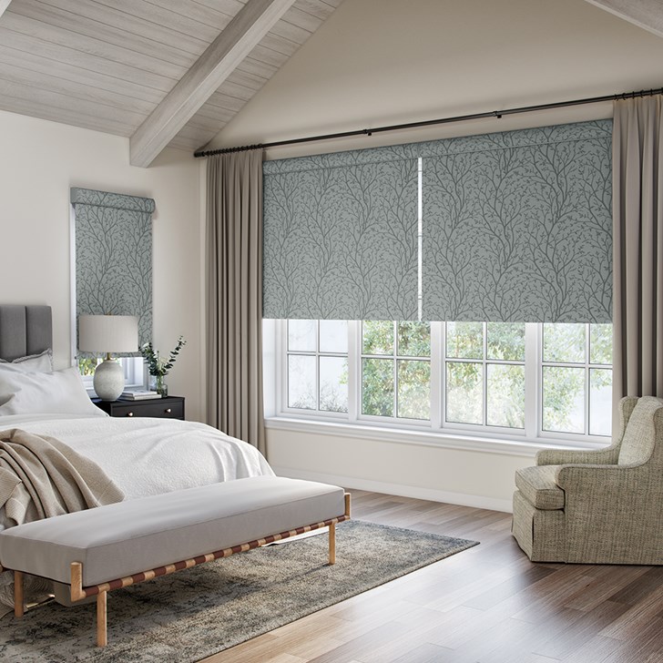Color: Blackout Arbolane Misty Morning; Headrail: 3 Inch Fabric Covered Cassette Valance; Window Measurements: Small Window 50 In Wide x 85 3/4 In Tall and Large Window 150.25 In Wide x 93 3/4 In Tall