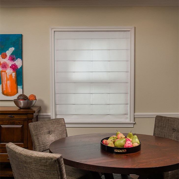 Inside mount, plain fold with seams in cordless. Color: Rio Winter White