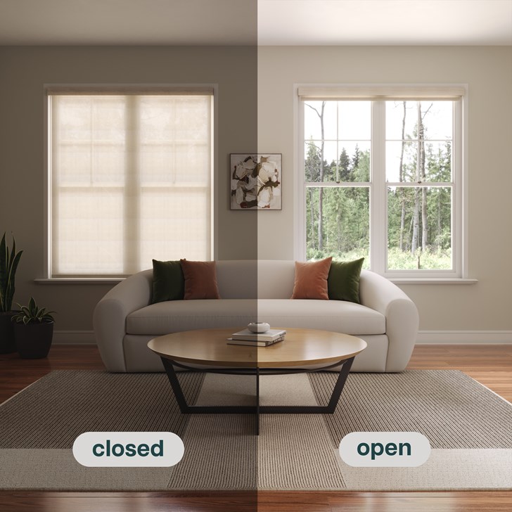 Shade in a neutral tone both closed to filter light and open to reveal a lush green forest view beyond the sofa and modern coffee table. Color: Solar Shade N/A; Fold Style:N/A; Lift: N/A