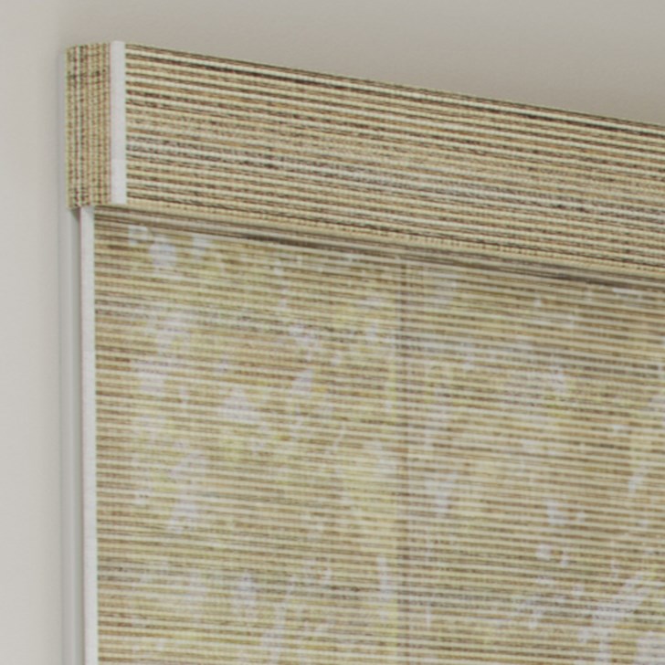 Color: Barcelona Sand JUB019; Lift: Cordless; Headrail: Decorative Valance; Edge Binding: Ivory
