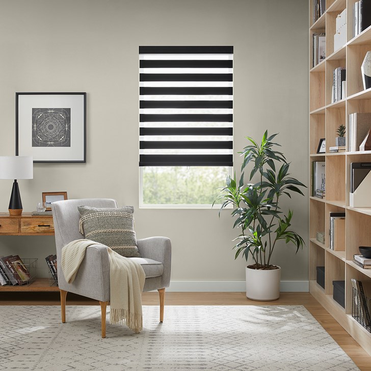 Color: Charron Black CHR05; Lift: Cordless; Headrail: Metal Square Cassette in the Black color; Bottom Rail: Rounded Bottom Bar with Pull Tab