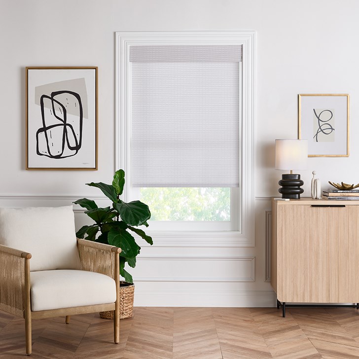 Color: Lulu Pearl LX3347; Headrail: 5 Inch Classic Valance; Lift: Motorized Remote