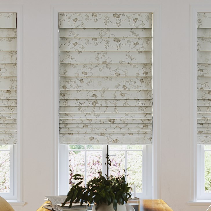 Color: Oleander Blossom; Style: Hobbled Fold; Liner: Blackout White; Headrail: 6 Inch Fabric Valance