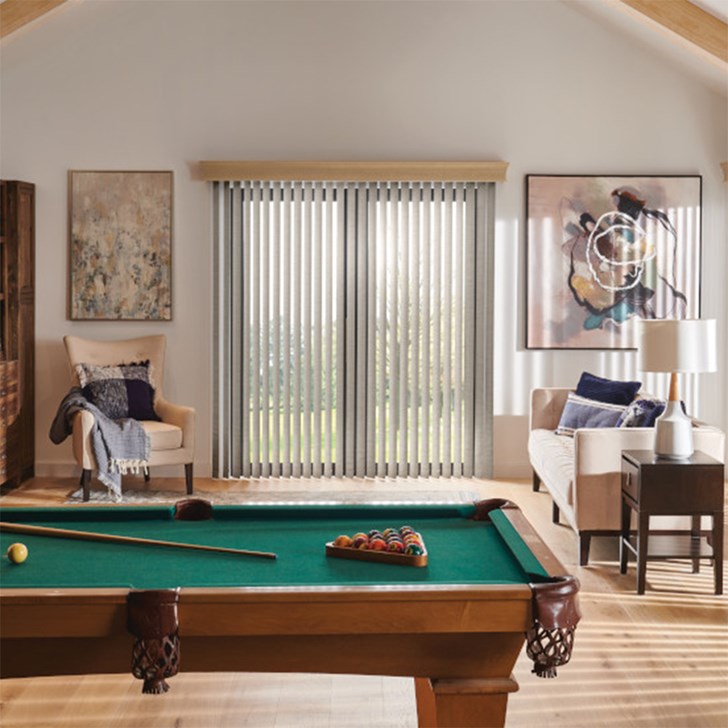 Vertical Blinds with Wand Control: Panorama, Vista 0071 and Regal Wood Cornice: True Taupe 1848