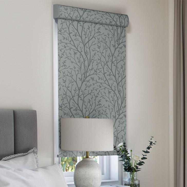 Color: Blackout Arbolane Misty Morning; Headrail: 3 Inch Fabric Covered Cassette Valance; Window Measurements: 50 In Wide x 85 3/4 In Tall