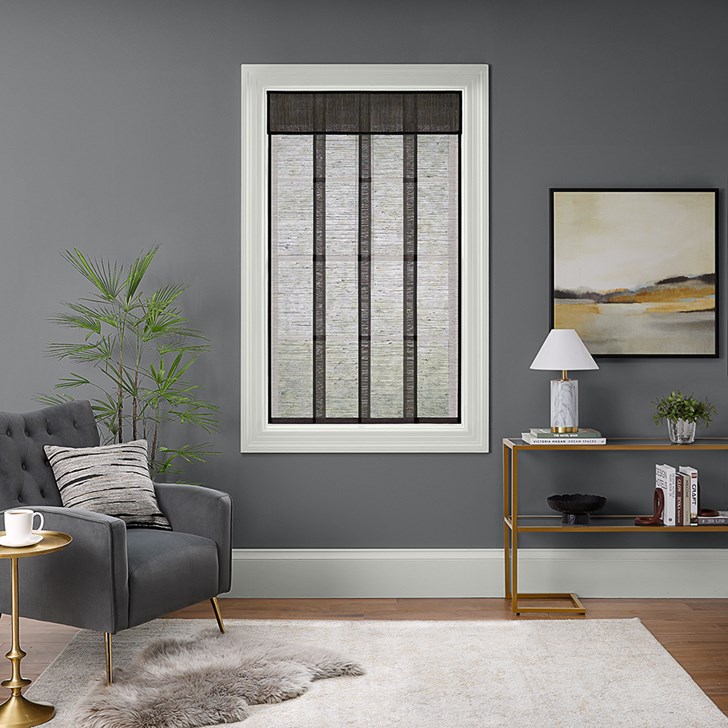 Color: San Lucas Flaxseed LIJU007; Operation: Wand Control; Split Stack; Edge Binding: Onyx 535; Headrail: 8 Inch Valance