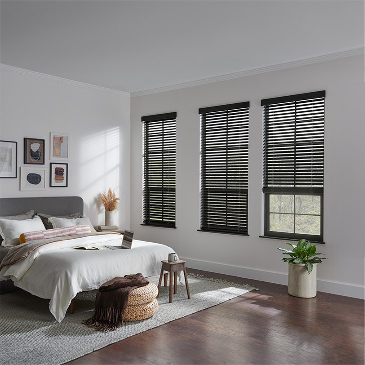 2 Wood Blinds with Cordless Lift/Wand Tilt, Standard Route Holes, and Modern Valance with 1/2 Returns: Northern Heights, Ebony 1690