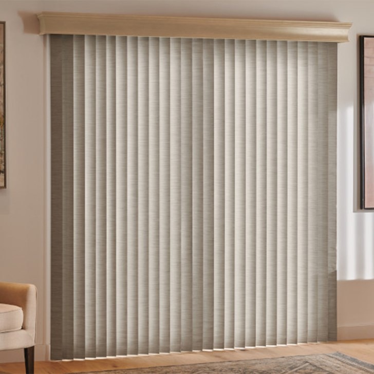 Vertical Blinds with Wand Control: Panorama, Vista 0071 and Regal Wood Cornice: True Taupe 1848