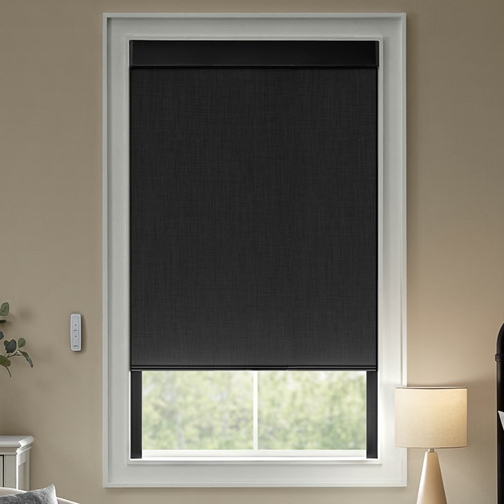 Color: Tundra Blackout Midnight 21807; Lift: Motorized Battery Wand with 1-Channel Remote; Light Control: Light Blocker in Black; Headrail: 4 Inch Flat Fascia