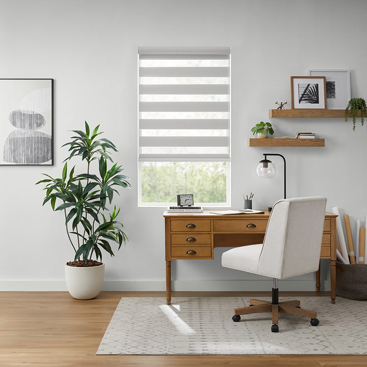 Color: Cloud; Lift: Motorized Wand; Light Control: Blackout; Headrail: Fabric Cassette Valance