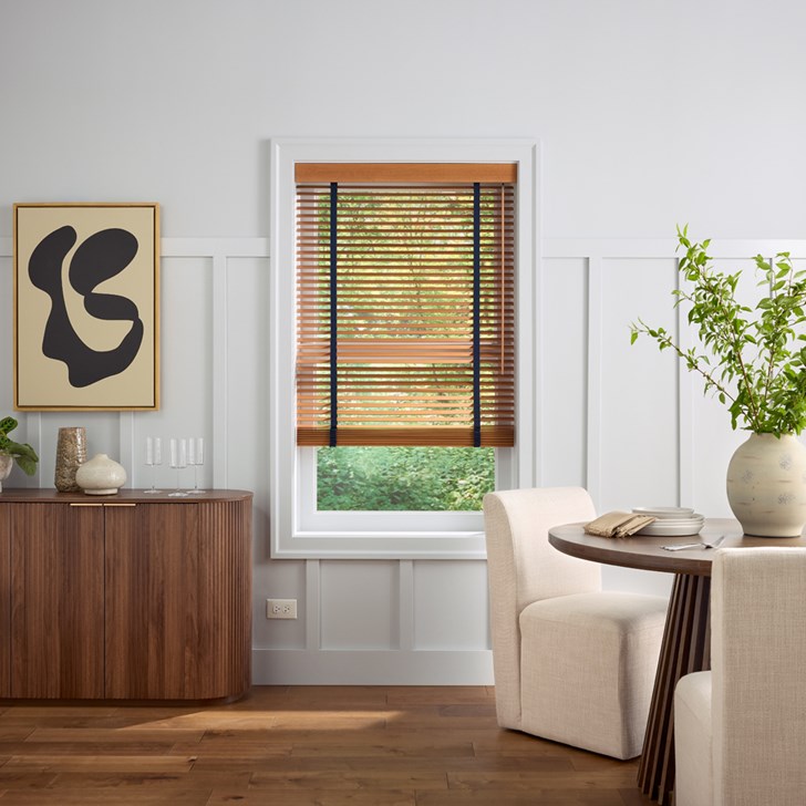 Color: Golden Oak 126; Lift: Cordless; Cloth Tape: 1 Inch Deep Ocean; Corners: Round; Valance: 3 1/2 Inch Modern