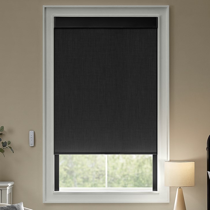 Color: Midnight 21807; Lift: Motorized Battery Wand with 1-Channel Remote; Light Control: Light Blocker in Black; Headrail: 4in Flat Fascia