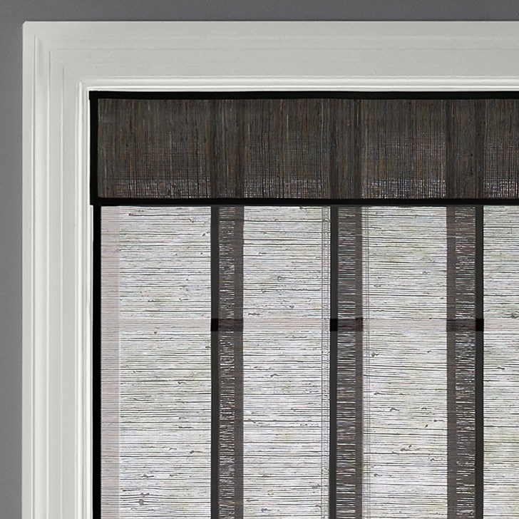 Color: San Lucas Flaxseed LIJU007; Operation: Wand Control; Split Stack; Edge Binding: Onyx 535; Headrail: 8 Inch Valance