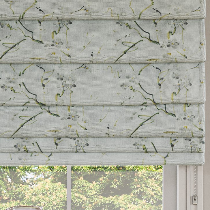 Color: Kyoto Pear Blossom SW246; Blackout Liner: White; Mount: Outside; Fold Style: Hobbled; Lift: Continuous Cord Loop; Headrail: Fabric Valance