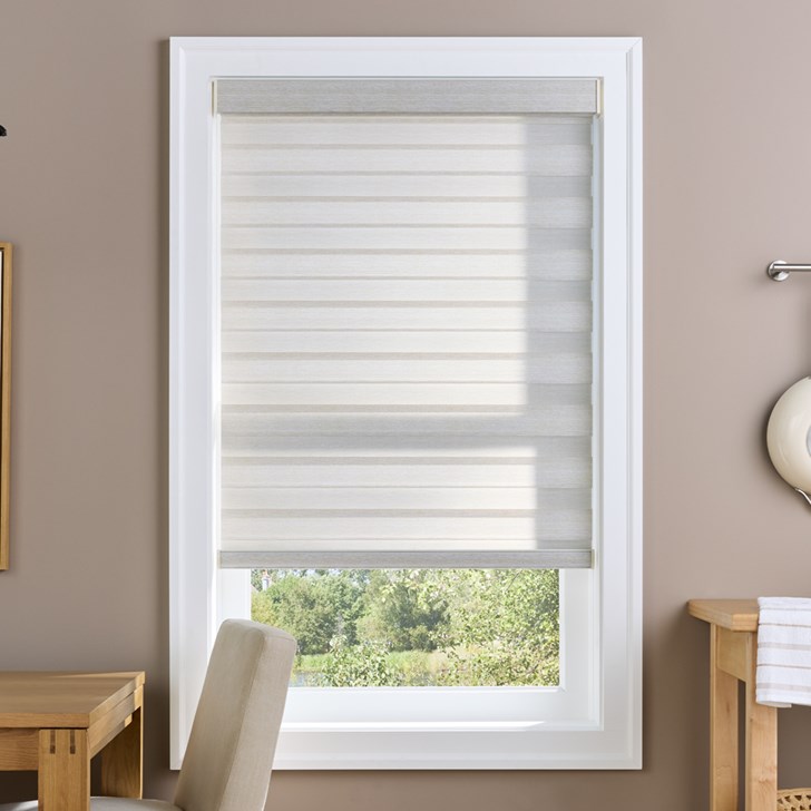 Color: Crete Almond CRE01; Lift: Cordless; Valance: Fabric Wrapped Square Cassette; Bottom Bar: Rounded with Pull Tab