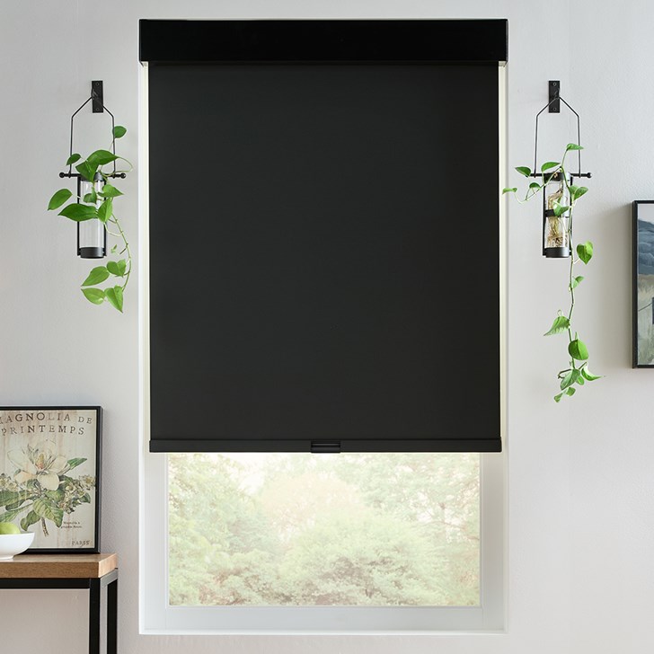 Color: Rocklin Jet R22; Lift: Motorized; Bottom Rail: Fabric Wrapped; Headrail: 3 Inch Square Aluminum Fascia in Black