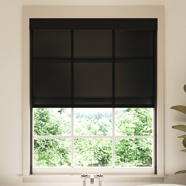 Color: Privacy Interlude Black; Headrail: Black Fascia; Bottom Rail: Black Square Hem Bar; Privacy: Light Blockers