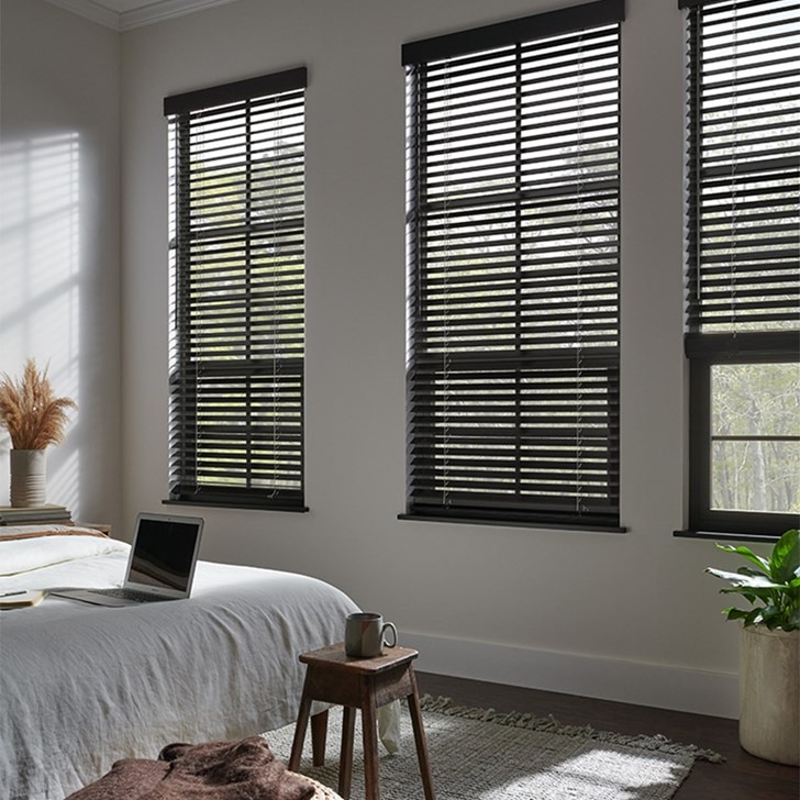 2 Wood Blinds with Cordless Lift/Wand Tilt, Standard Route Holes, and Modern Valance with 1/2 Returns: Northern Heights, Ebony 1690