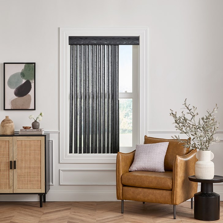 Color: Fresno Black FR-2056; Stack: 1 Way; Headrail: Marquee Valance; Trim Color: Black
