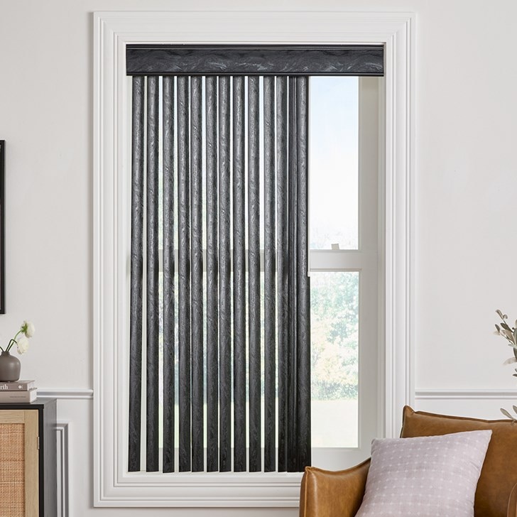 Color: Fresno Black FR-2056; Stack: 1 Way; Headrail: Marquee Valance; Trim Color: Black